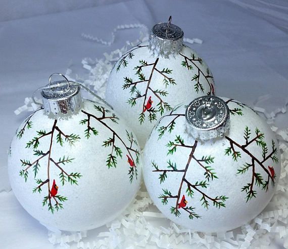 Cardinal and Christmas Tree on snowball Glass Ornament, Hand Painted Holiday Gift, one glass ornament -   15 diy ornaments holder
 ideas