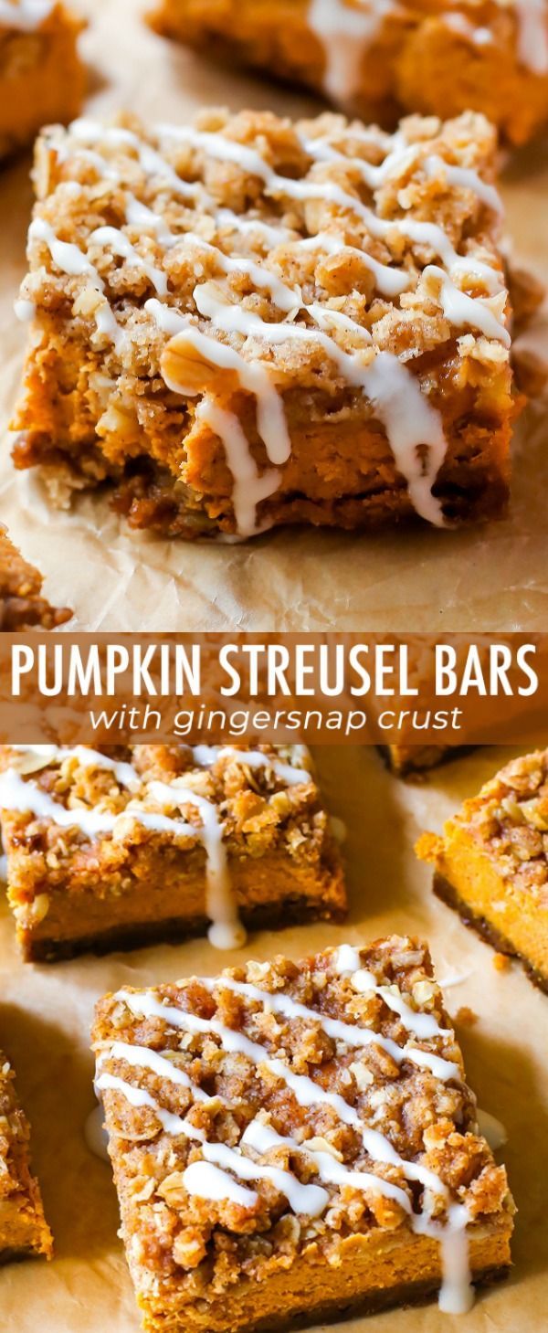 Instead of pumpkin pie this season, try my pumpkin streusel bars. With a gingersnap crust and brown sugar streusel topping, everyone will want seconds! Recipe on sallysbakingaddiction.com -   15 pumpkin recipes food
 ideas