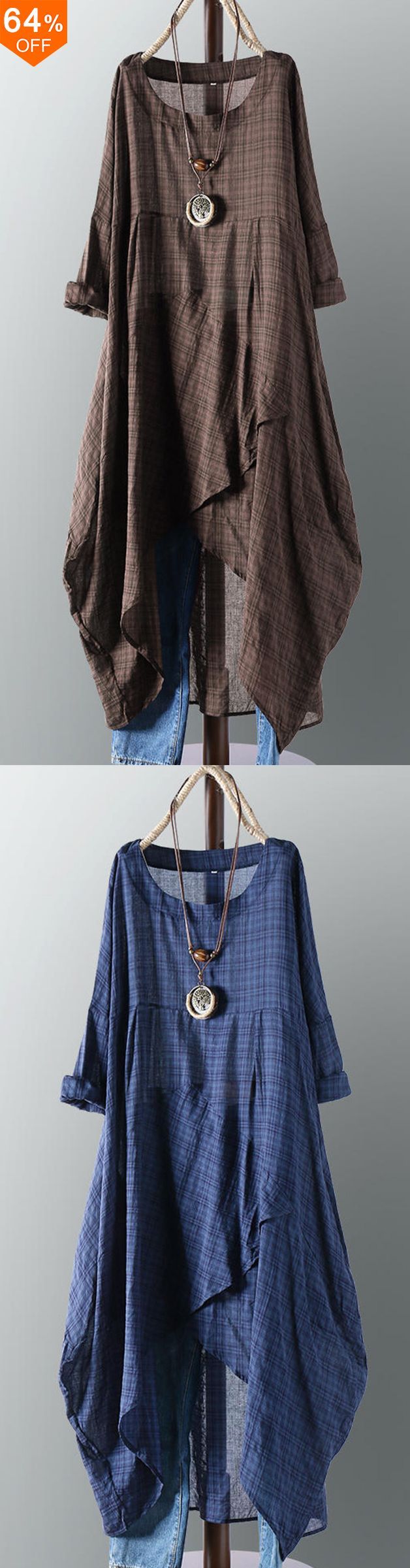 ?Get it?Vintage Women Cotton Pocket Plaid Solid Color Irregular Hem Maxi Dress -   18 crafts storage thoughts
 ideas