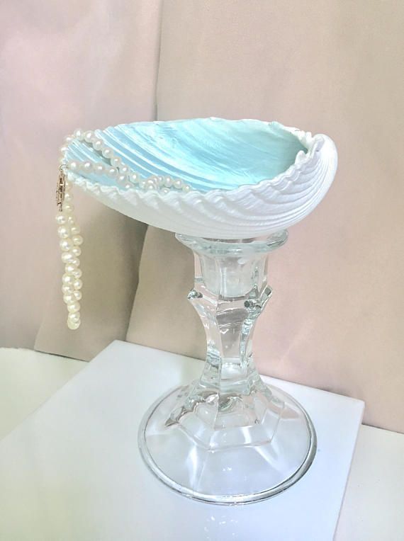 Jewelry dish display - seafoam pearl shell & cut glass crystal pedestal stand Bridesmaids gift, Beach decor coastal, necklaces, ring display -   18 seashell crafts butterfly
 ideas