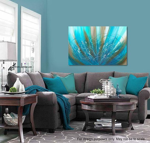 Bedroom picture, Flower art work / Brown aqua blue turquoise & teal print / Large abstract floral canvas wall art above bed decor -   22 diy decoracion sala
 ideas