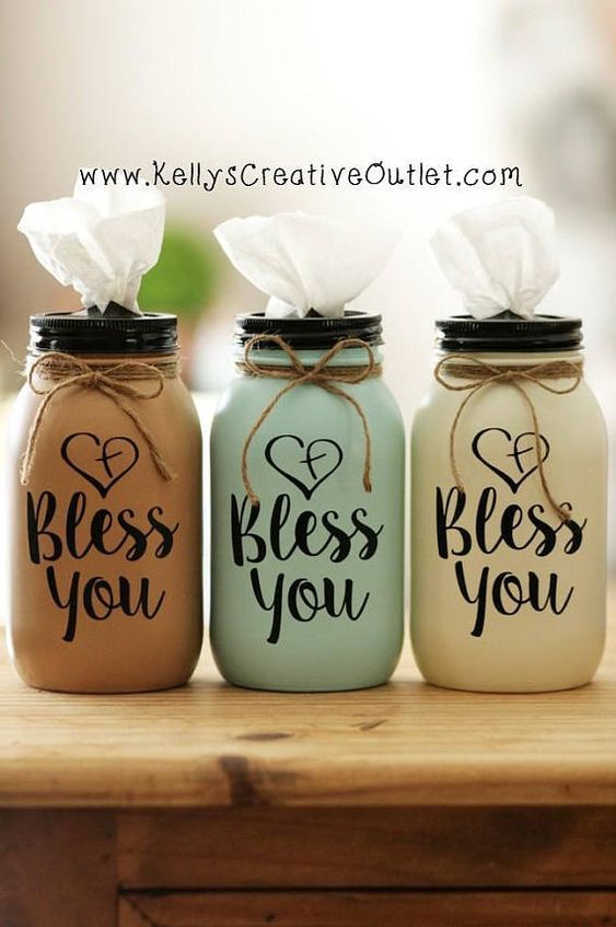 Farmhouse Decor - Valentine Gift - Mason Jar Tissue Holder - Tissue Dispenser - Teacher Gift - Tissue Jar - Christian Decor - Bless You Jar -   22 mason jar decorados
 ideas