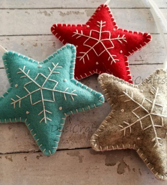 Wool Felt Christmas star ornaments red, blue and grey -   23 christmas crafts presents
 ideas