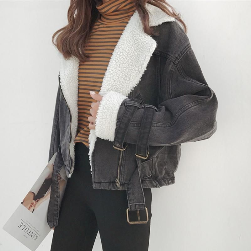 Black denim jean faux lamb fur white collar zipper outwear jacket -   23 korean black style
 ideas