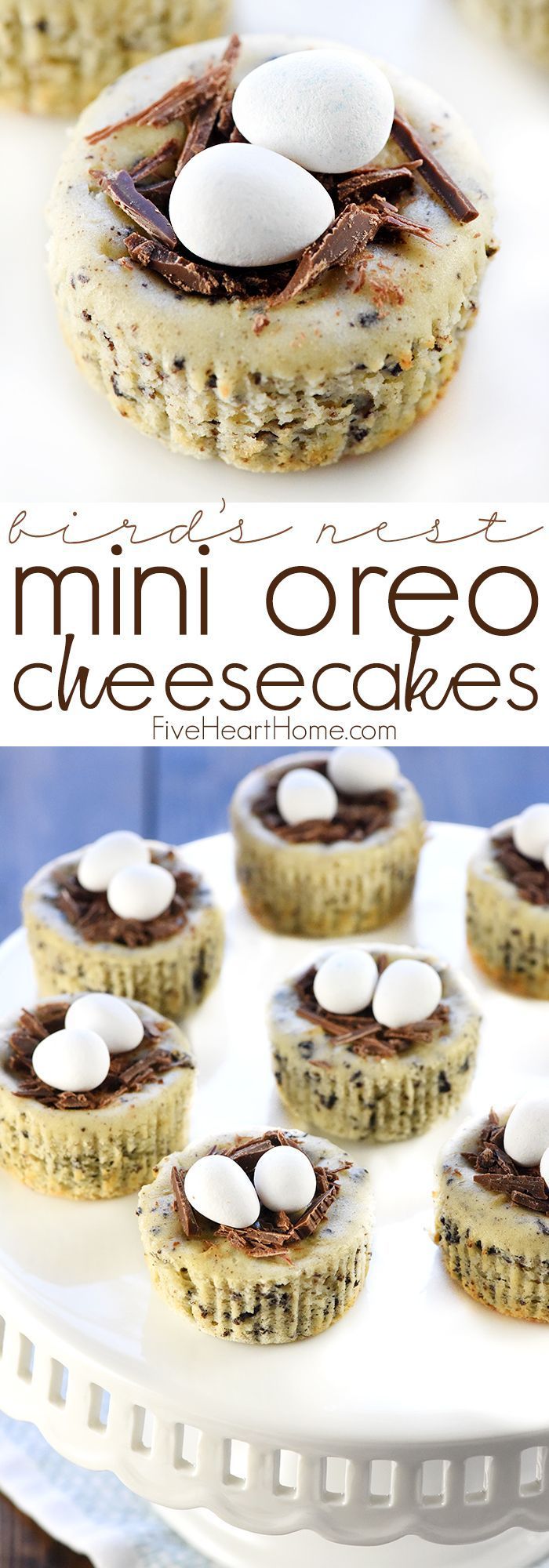 Bird's Nest Mini Oreo Cheesecakes | Easter Dessert Recipe ~ simple cheesecake filling is studded with Oreos, baked in muffin pans, and topped with chocolate shavings and candy eggs for a fun, easy treat that's perfect for spring! | FiveHeartHome.com -   24 easter dessert recipes
 ideas