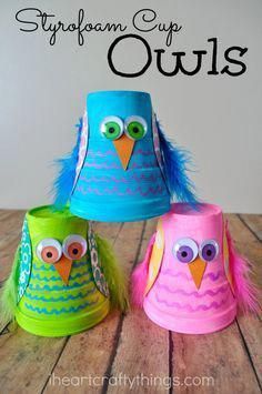 Cute and Colorful Styrofoam Cup Owl Kids Craft -   24 small animal crafts
 ideas