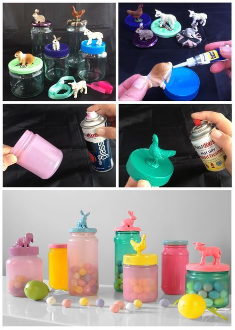Easter gifts from upcycled jam jars, small plastic animals and PlastiKote's stained glass spray paint! Visit our blog to find out more... -   24 small animal crafts
 ideas