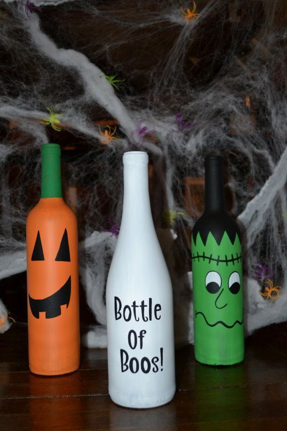 Hand Painted Set of Three Halloween Wine Bottle Decorations -   25 halloween wine bottle
 ideas