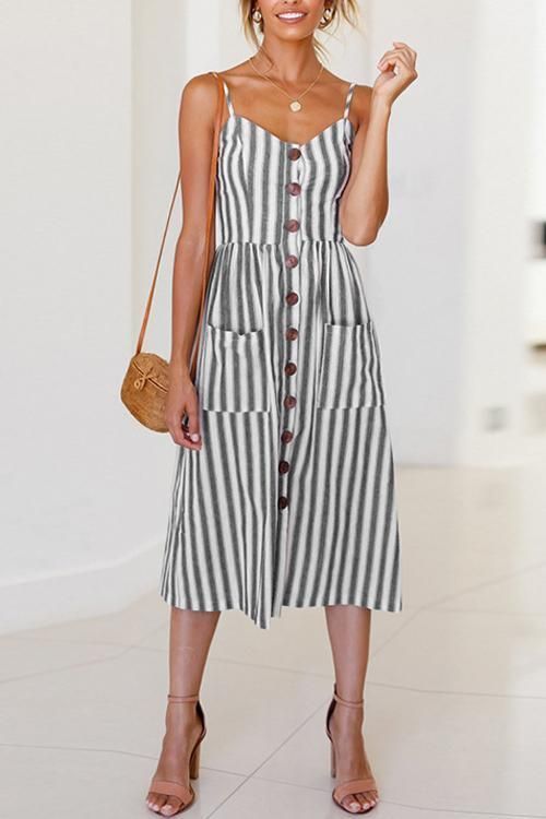 V Neck Button Decorative Stripe Mid Dress -   17 feminine casual style
 ideas