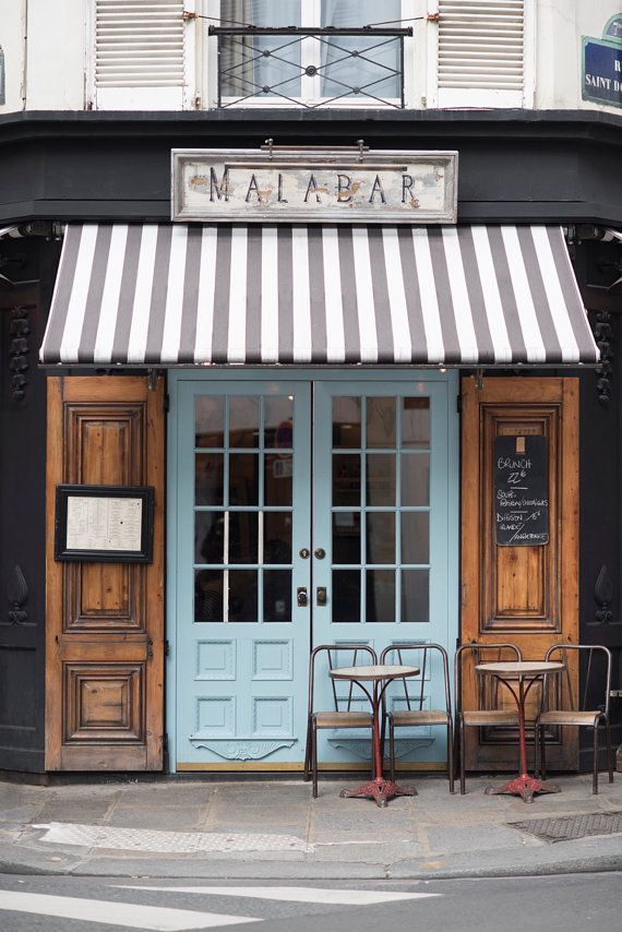 Paris Cafe Photograph, Malabar Cafe, Large Wall Art, French Kitchen Decor, Striped Awning, Blue Door, Travel Photograph -   17 french decor cafe
 ideas