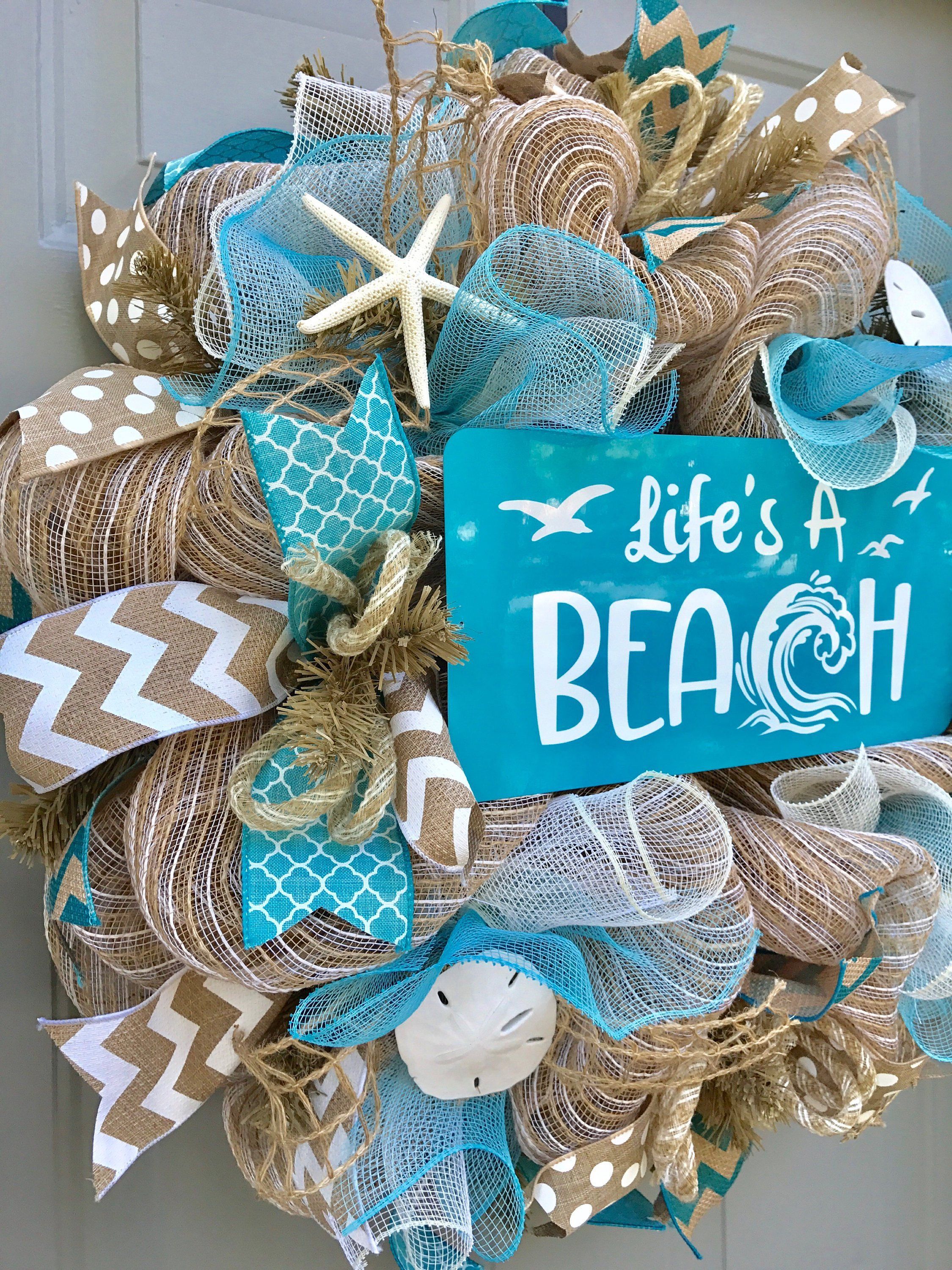 Life's A Beach Wreath, Seashell Wreath, Beach Wreath, Beach House -   17 seashell crafts awesome
 ideas