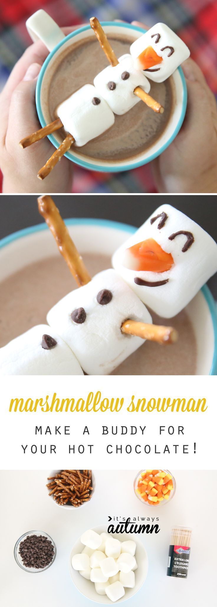 marshmallow snowman {make a hot chocolate buddy -   20 snowman crafts hot chocolate
 ideas