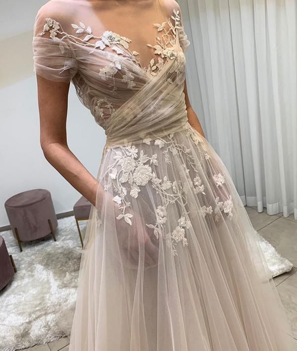 Light champagne tulle lace long prom dress, lace evening dress -   12 dress Wedding bohemian
 ideas