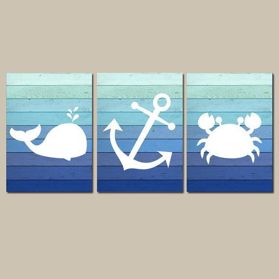 Boy Nautical Nursery Decor, Nautical Nursery Wall Art, Nautical Nursery Art Pictures, Ombre Wood CANVAS or Print, Whale Anchor Crab Set of 3 -   13 ocean crafts canvas
 ideas