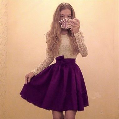 A-Line Round Neck Long Sleeves Purple Satin Short Homecoming Dress with Lace -   15 dress For Teens 8th grade
 ideas