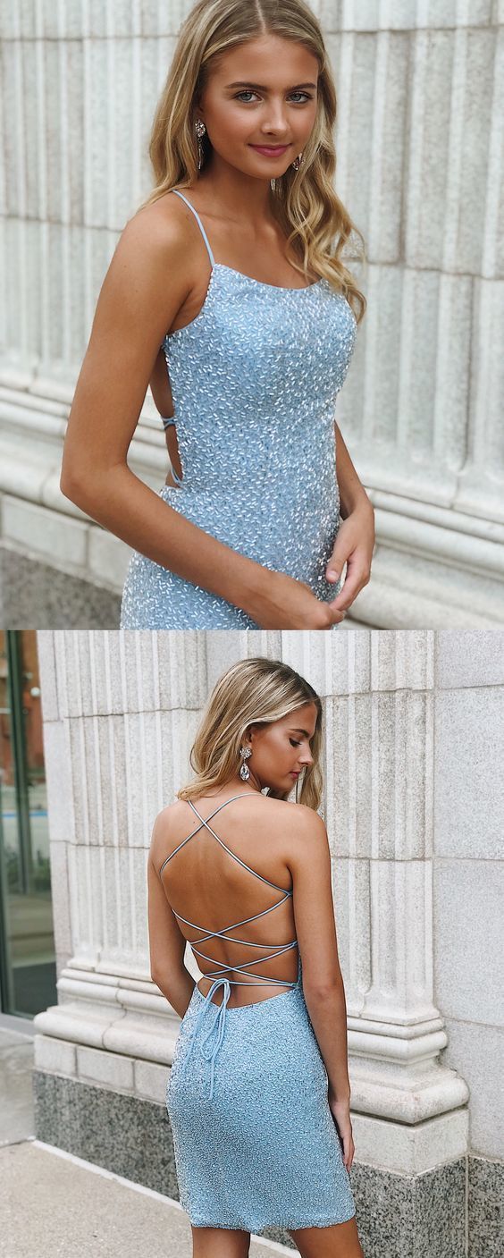 Sexy Open Back Tulle Beaded Short Party Dress, Blue Prom Dress -   15 dress Formal tight
 ideas