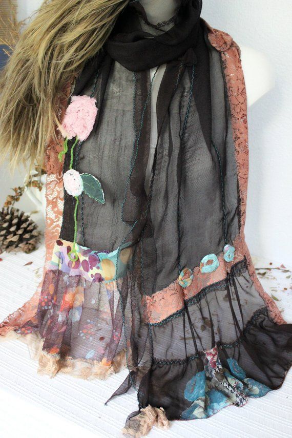 Brown Cotton Scarf, Brown Long Scarf, Extra Long Women Scarf, Women New Year Gift, Dark Coffee Lace Scarf, Pink with Floral Ornaments -   17 DIY Clothes Scarf fabrics
 ideas