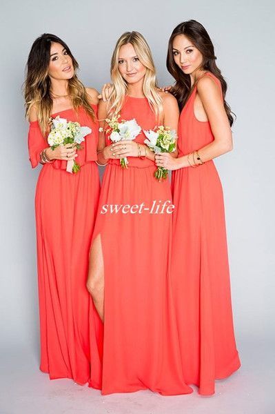 Cheap Beach Wedding Bridesmaid Dresses Coral Orange Chiffon Floor Length 2016 Mixed Style Slit Boho Maid Of Honor Dress Plus Size Party Gown Winter Bridesmaid Dresses Alfred Sung Bridesmaid Dresses From Sweet Life, $67.27| DHgate.Com -   17 dress Bridesmaid coral
 ideas