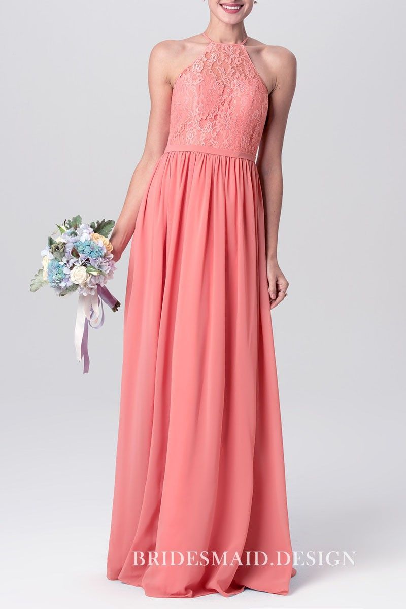 Coral Lace and Chiffon Cute Halter Sleeveless A-line Long Bridesmaid Dress -   17 dress Bridesmaid coral
 ideas