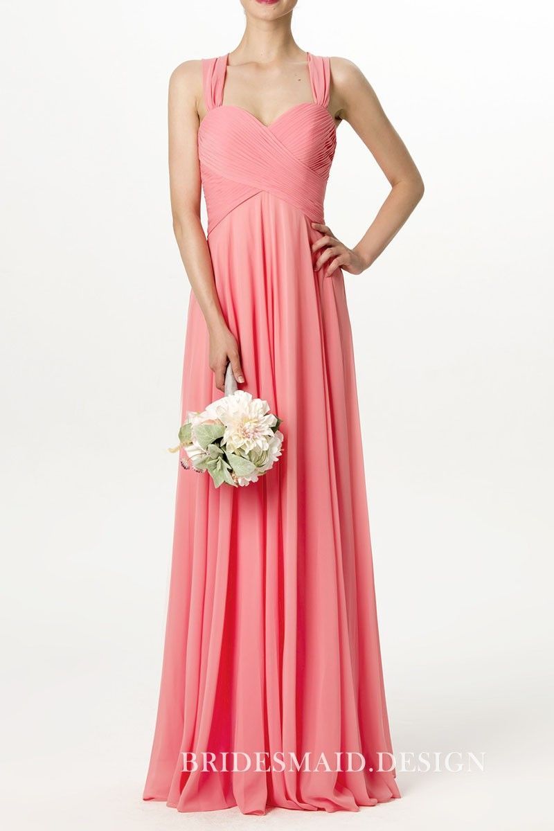 Coral Chiffon Criss-cross Pleated Sweetheart Bodice Wide Straps Bridesmaid Dress -   17 dress Bridesmaid coral
 ideas