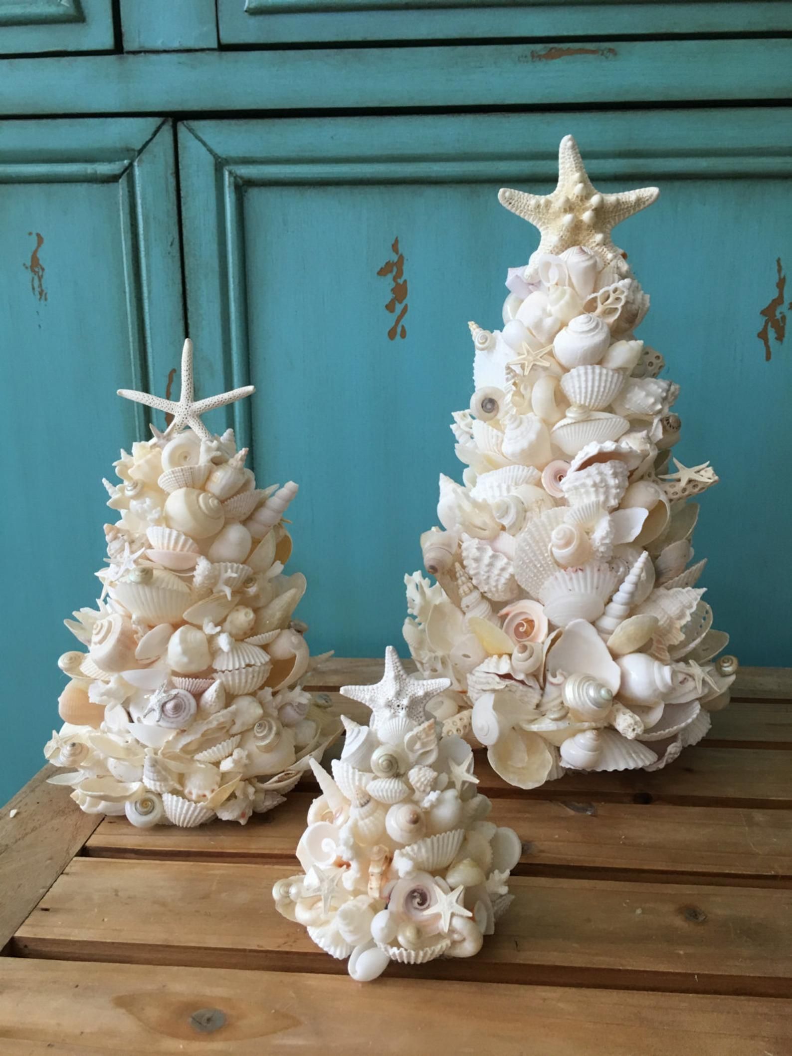 Handmad SET of THREE White SEASHELL and Coral Coastal Christmas Trees -   19 beach shell crafts
 ideas
