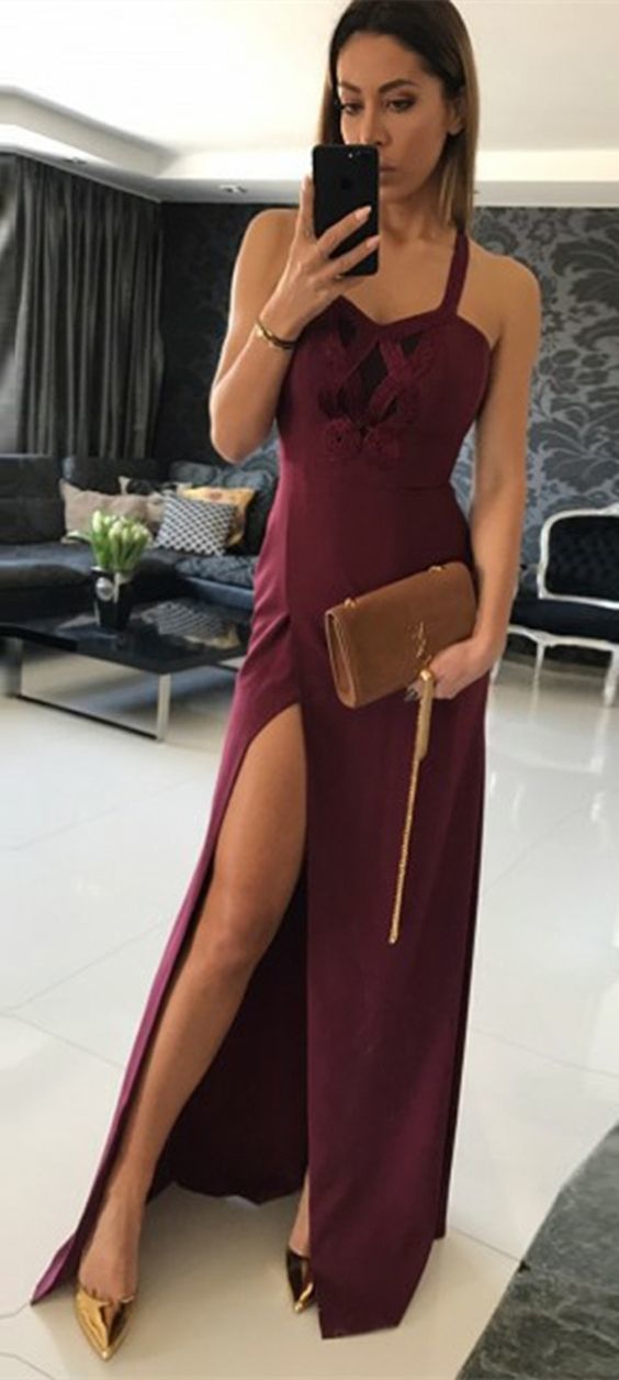 A-Line Straps Floor-Length Burgundy Satin Prom Dress -   19 dress Cocktail burgundy
 ideas