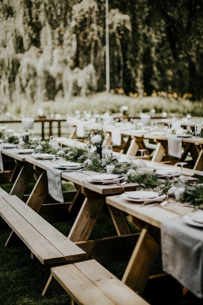 This Cozy Camp Walden Wedding Showed Off the Couple's Creative Side -   22 picnic table decor
 ideas