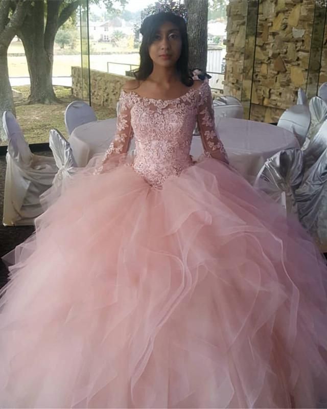 Light Pink Organza Ruffles Ball Gowns Quinceanera Dresses Lace Long Sleeves -   11 big dress Quinceanera ideas