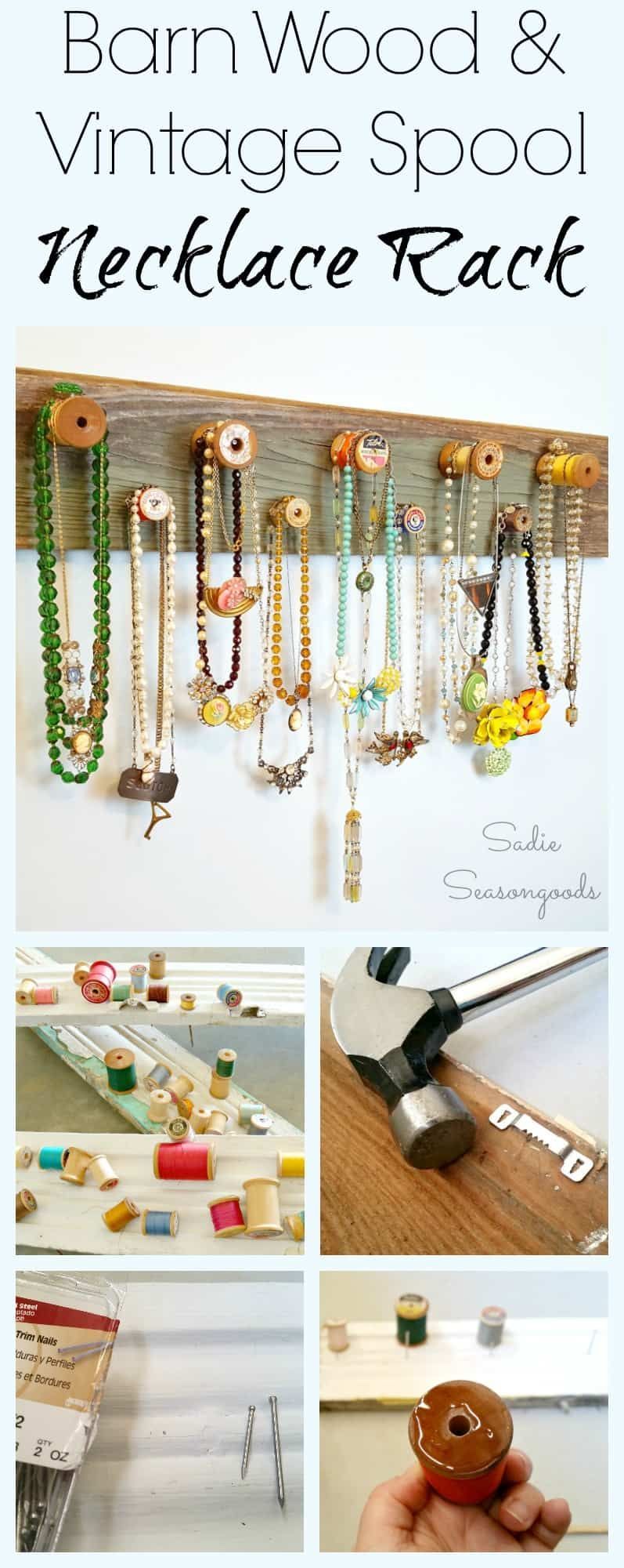 How to Make a Wall Jewelry Organizer with Wood Spools and Barn Wood -   12 diy necklace wood
 ideas