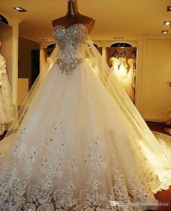 REAL IMAGE Luxury Crystal Wedding Dresses Lace Cathedral Lace-up Back Bridal Gowns 2019 A-Line Sweetheart Appliques Beaded Garden Free Crown -   14 church dress Fall
 ideas