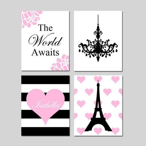 Girl Room Decor Travel Bedroom Art Paris Room Decor Pink and Black Room Decor The World Awaits Quote Set of 4 Prints - CHOOSE YOUR COLORS -   14 room decor Bedroom colors ideas