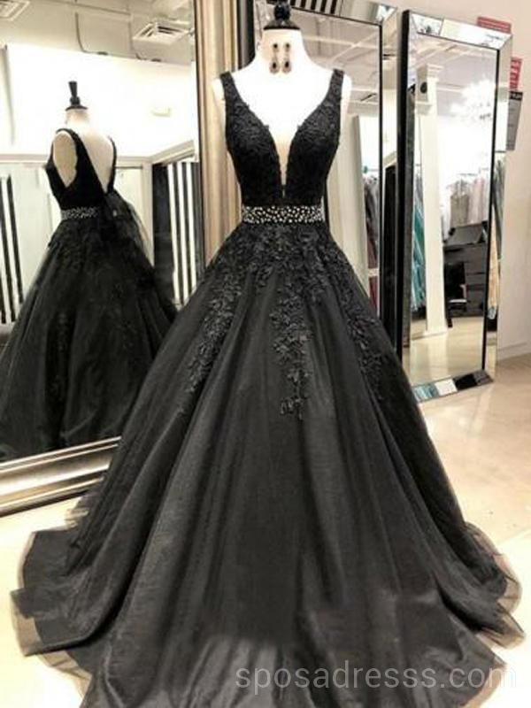 V-neck Black Lace Beaded A-line Long Evening Prom Dresses, Cheap Custom Sweet 16 Dresses, 18553 -   15 dress Long v neck
 ideas