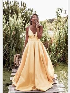 2019 V-Neck Satin Long Prom Dress, A-line Prom Dress, Prom Dress -   15 dress Long v neck
 ideas