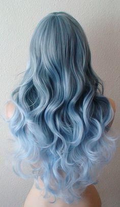 Pastel Blue Ombre wig. long curly blue wig with side bangs. Heat friendly synthetic wig. Everyday wig. Mermaid wig. Cosplay wig -   15 light blue hair Pastel
 ideas