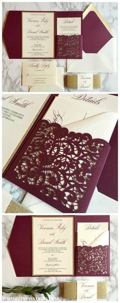 Burgundy Laser Cut Pocket Wedding Invitation, Burgundy and Gold Glitter Wedding Invitation, Marsala Invitation, laser cut invite -   15 wedding Burgundy fonts
 ideas