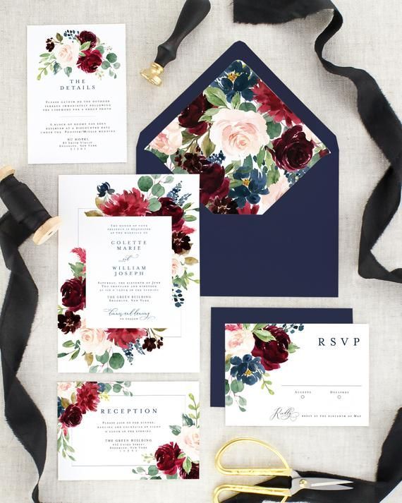 Printed Floral Wedding Invitation Set | Fall Wedding Invites | Burgundy Wedding Suite | Navy Blue | -   15 wedding Burgundy fonts
 ideas