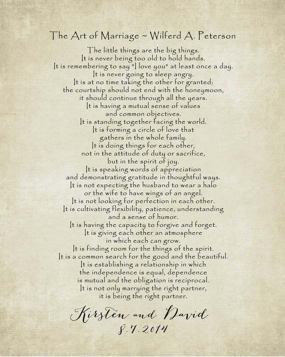 The ART of MARRIAGE Poem Print, Personalized Wedding Blessing Gift, Custom Anniversary gift, Poster 8 x 10, Choose Colors and Font -   16 famous wedding Vows
 ideas