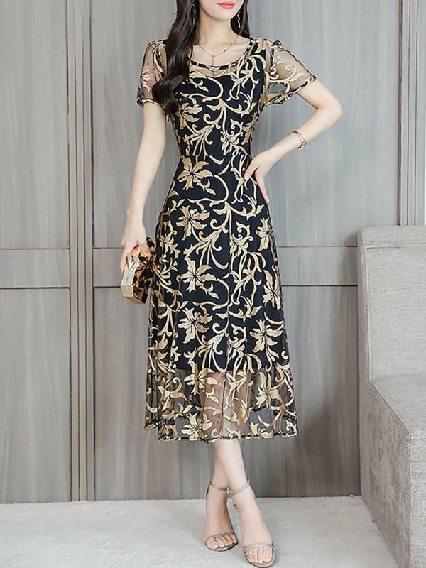 Chicloth Midi Dress A-line Date Dress Short Sleeve Chiffon Jacquard Plus Size Dresses -   17 dress Midi brokat ideas