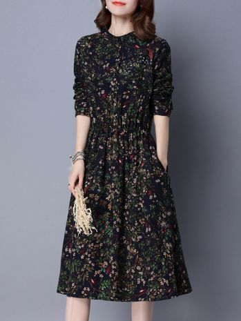 Floral Printing Stand Collar Long Sleeves Midi Dresses -   17 dress Midi brokat ideas