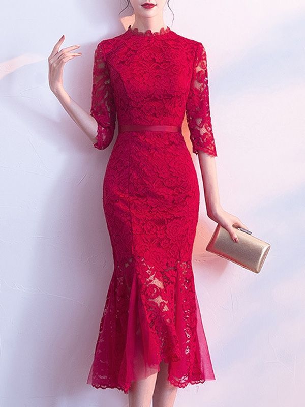 Flash Sale Lace Contrast Solid Color Mermaid Midi Dresses -   17 dress Midi brokat ideas