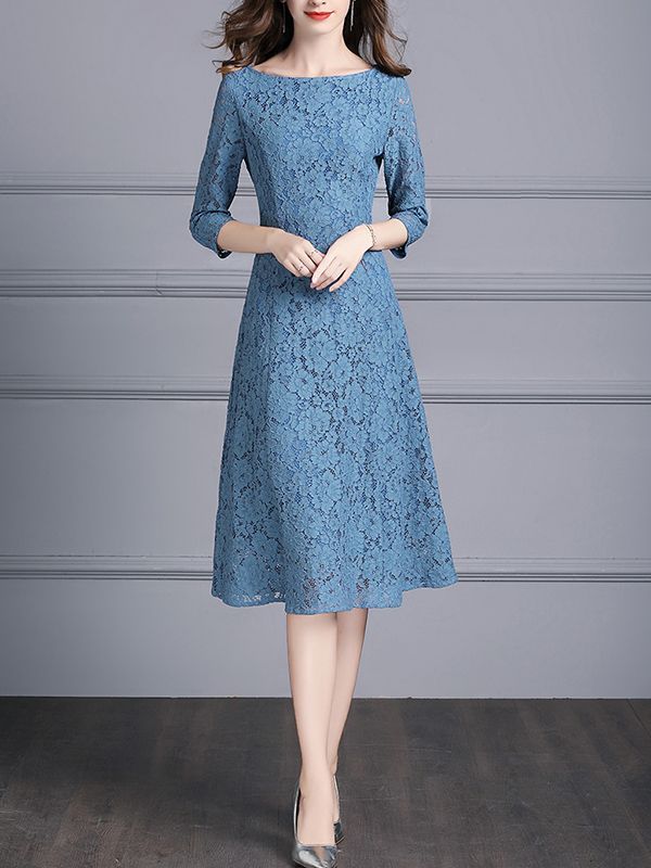 Blue Boat Neck Floral Lace Swing Midi Dress -   17 dress Midi brokat ideas