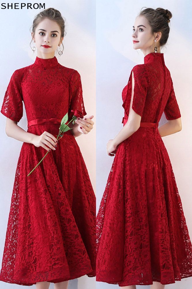 Retro High Neck Burgundy Lace Wedding Party Dress Tea Length - $71.1 #BLS86084 - SheProm.com -   17 dress Midi brokat ideas