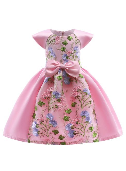 In Stock:Ship in 48 Hours Pink Satin Cap Sleeve Appliques Girl Dress -   18 dress Summer kids ideas