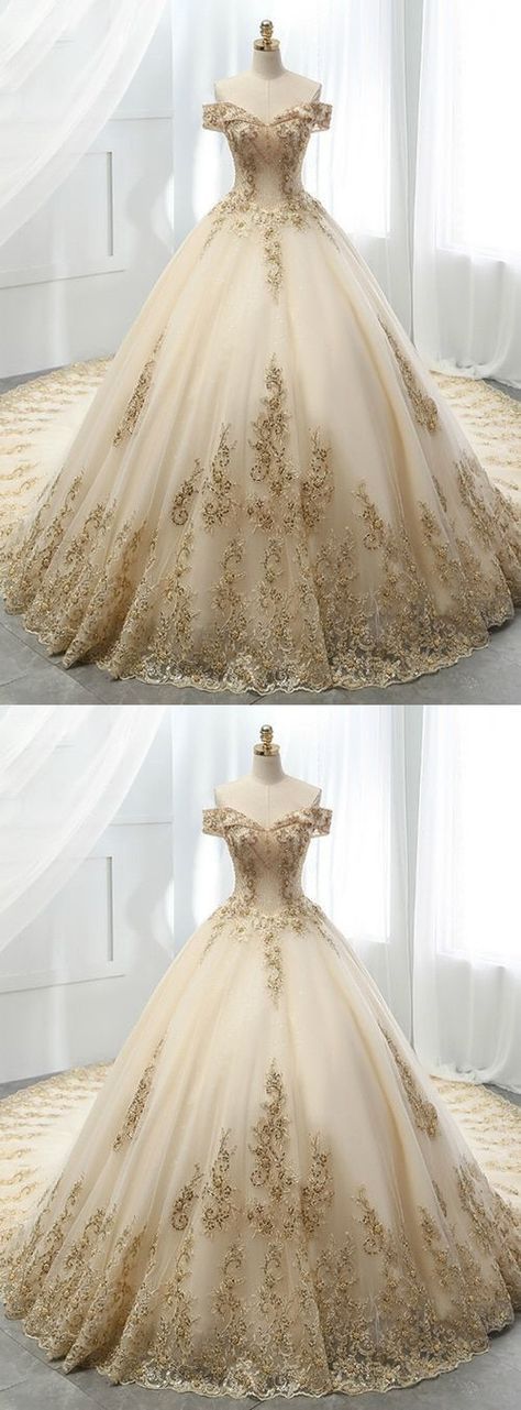 Champagne Ball Gown Tulle Gold Lace Appliques Wedding Dress -   19 dress Quinceanera gold ideas