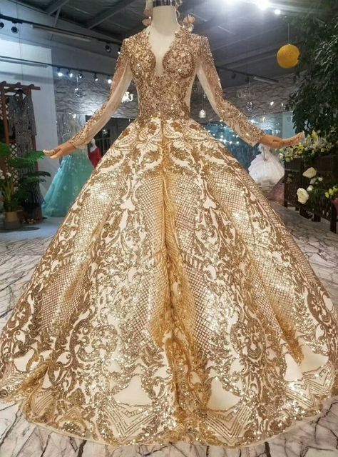Gold Ball Gown Bling Bling V-neck Long Sleeve Wedding Dress -   19 dress Quinceanera gold ideas