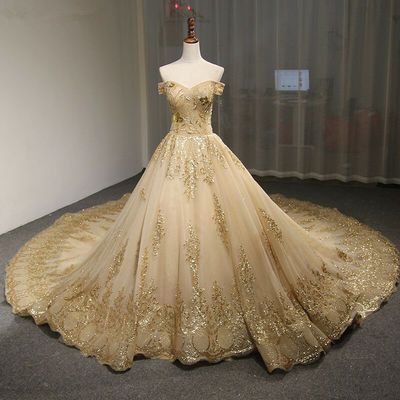 Gold Off Shoulder Embroidery Ball Gown Wedding Dress - Scarlet from Curvy Brides -   19 dress Quinceanera gold ideas