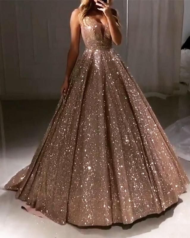 Luxurious Sequin V-neck Ball Gowns Prom Dresses 2019 -   19 dress Quinceanera gold ideas