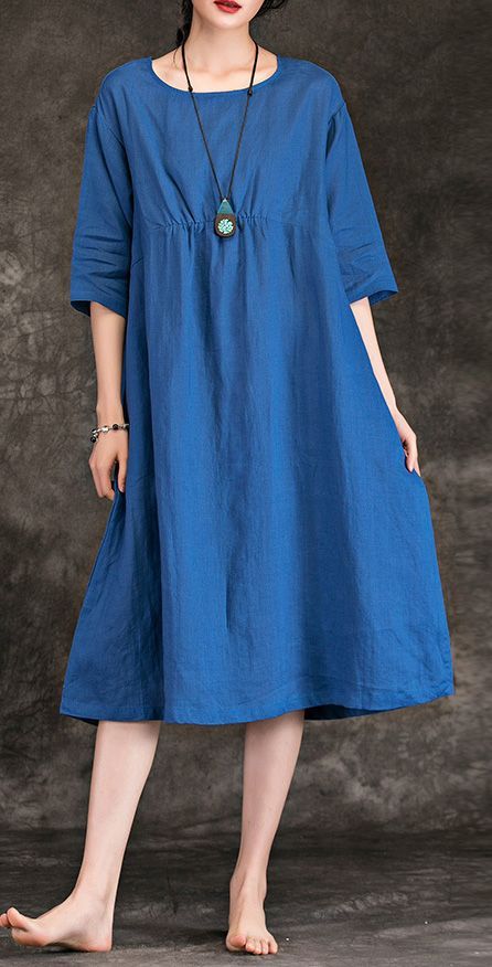 Italian blue linen dress o neck wrinkled Three Quarter sleeve summer Dress -   19 dress Summer informal
 ideas