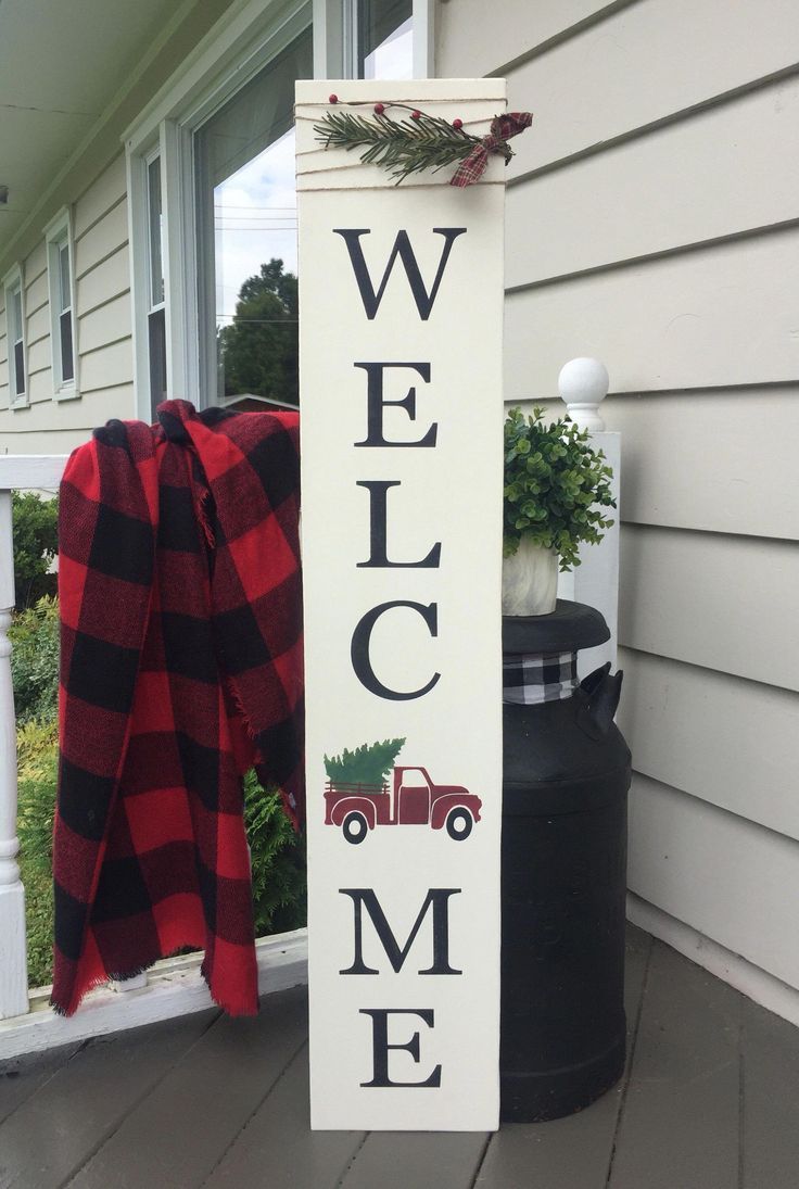 welcome sign, porch sign, vintage truck sign, red truck, winter sign, winter welcome sign, Christmas, winter porch, porch decor, tall sign -   19 holiday Decorations porch ideas