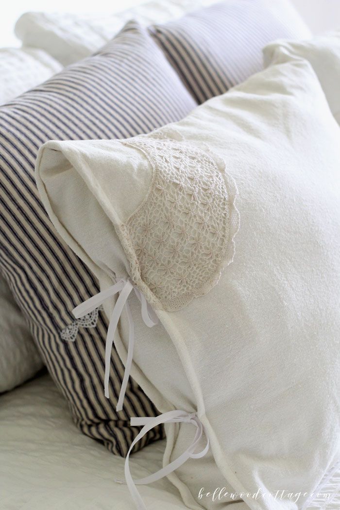 DIY Drop Cloth Pillows with Antique Lace -   20 DIY Clothes Decoration inspiration
 ideas